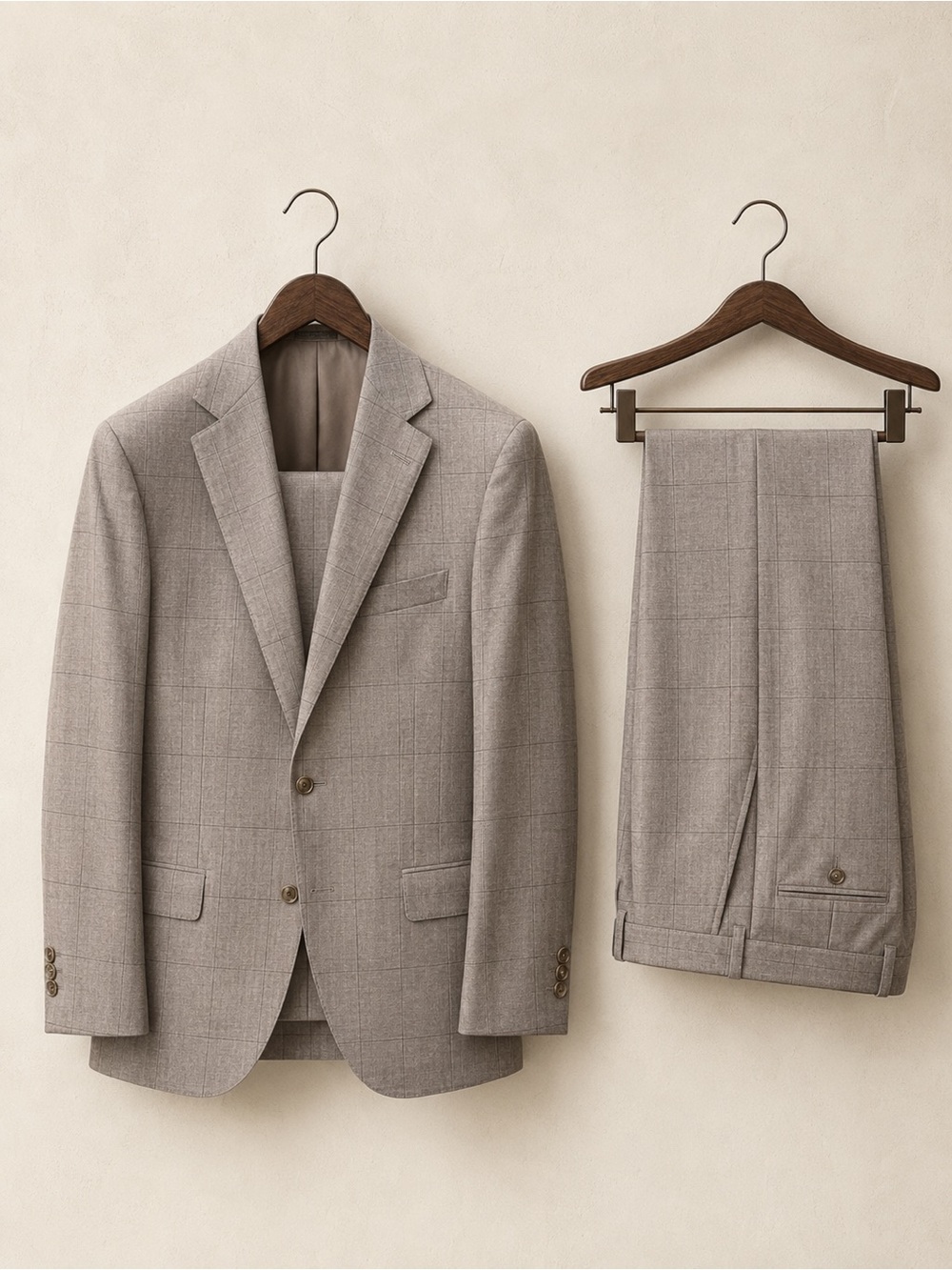 Custom Coppley Men's Beige Windowpane Suit Jacket & Pants 42R Super 110s Wool